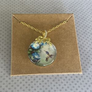 Bird Nature Scene Pendant With Faux Diamonds, Gold Chain Necklace